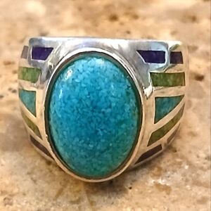 Vintage Coleman Turquoise Inlay Wide Band Sterling Ring  6.5